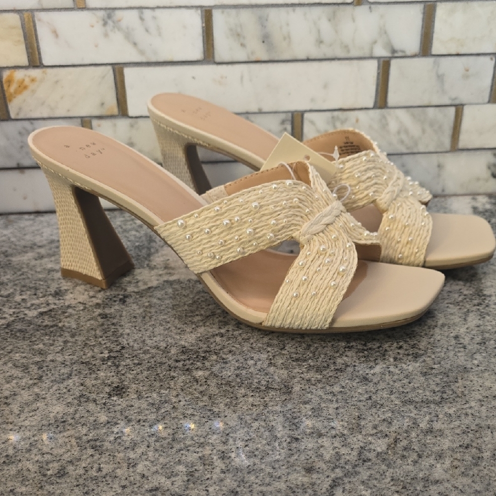 A New Day Cream Woven Mules W Pearls